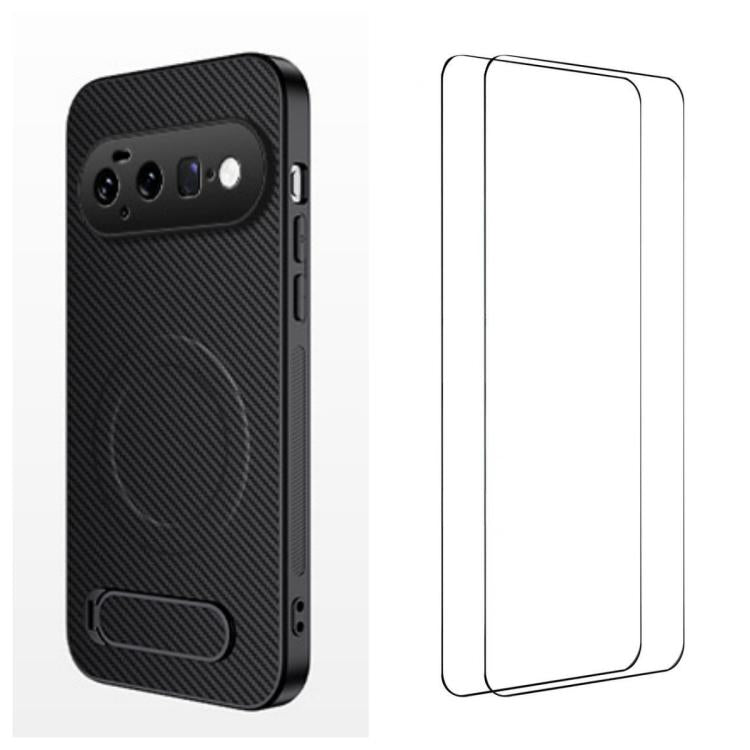 WANLONFENG Kickstand Carbon Fiber Texture Magnetic Phone Case with 2pcs Screen Films, For Google Pixel 11 Pro XL, For Google Pixel 11, For Google Pixel 11 Pro