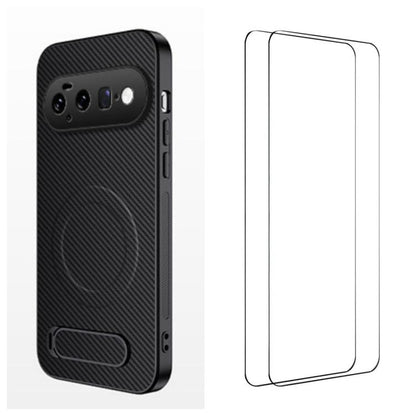 WANLONFENG Kickstand Carbon Fiber Texture Magnetic Phone Case with 2pcs Screen Films, For Google Pixel 11 Pro XL, For Google Pixel 11, For Google Pixel 11 Pro