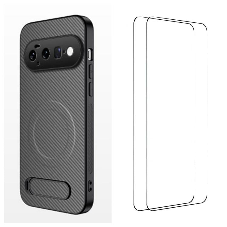 WANLONFENG Kickstand Carbon Fiber Texture Magnetic Phone Case with 2pcs Screen Films, For Google Pixel 11 Pro XL, For Google Pixel 11, For Google Pixel 11 Pro