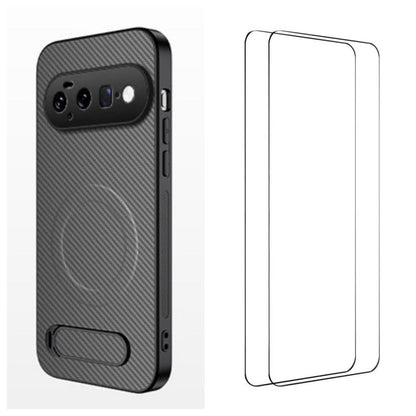 WANLONFENG Kickstand Carbon Fiber Texture Magnetic Phone Case with 2pcs Screen Films, For Google Pixel 11 Pro XL, For Google Pixel 11, For Google Pixel 11 Pro
