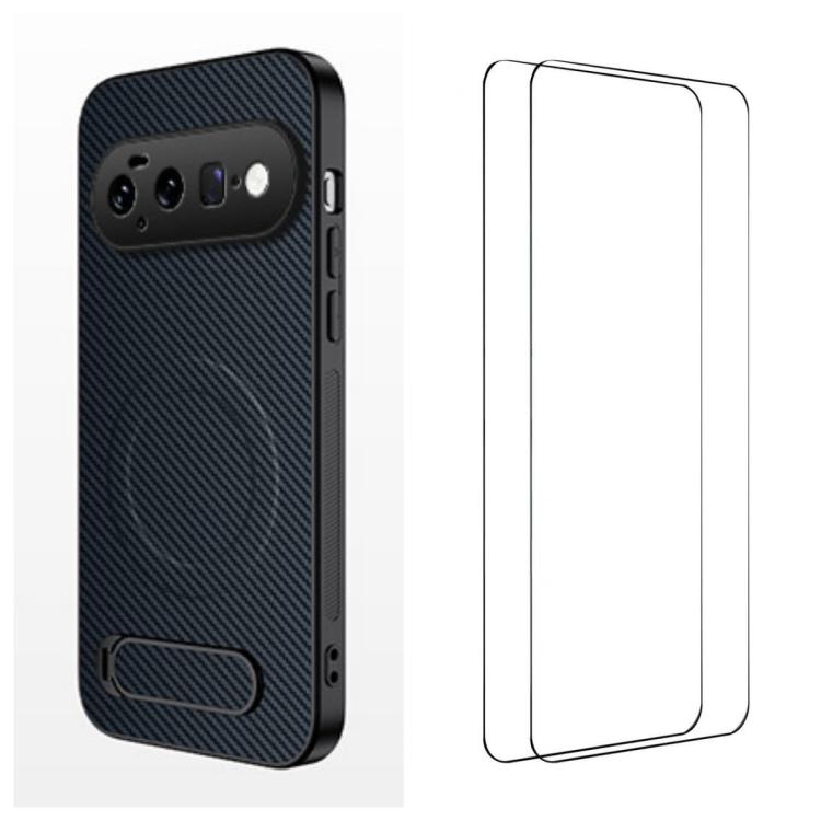 WANLONFENG Kickstand Carbon Fiber Texture Magnetic Phone Case with 2pcs Screen Films, For Google Pixel 11 Pro XL, For Google Pixel 11, For Google Pixel 11 Pro