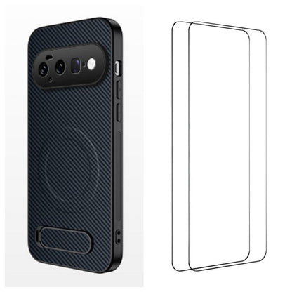 WANLONFENG Kickstand Carbon Fiber Texture Magnetic Phone Case with 2pcs Screen Films, For Google Pixel 11 Pro XL, For Google Pixel 11, For Google Pixel 11 Pro
