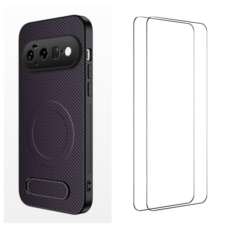 WANLONFENG Kickstand Carbon Fiber Texture Magnetic Phone Case with 2pcs Screen Films, For Google Pixel 11 Pro XL, For Google Pixel 11, For Google Pixel 11 Pro
