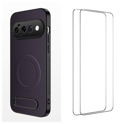 WANLONFENG Kickstand Carbon Fiber Texture Magnetic Phone Case with 2pcs Screen Films, For Google Pixel 11 Pro XL, For Google Pixel 11, For Google Pixel 11 Pro