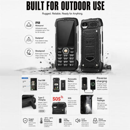 HP288 IP68 Rugged Phone, 2.8 inch, 4000mAh Battery, Network: 2G, BT, FM, SOS, Torch, Russian Keyboard, EU Plug, US Plug, UK Plug, AU Plug