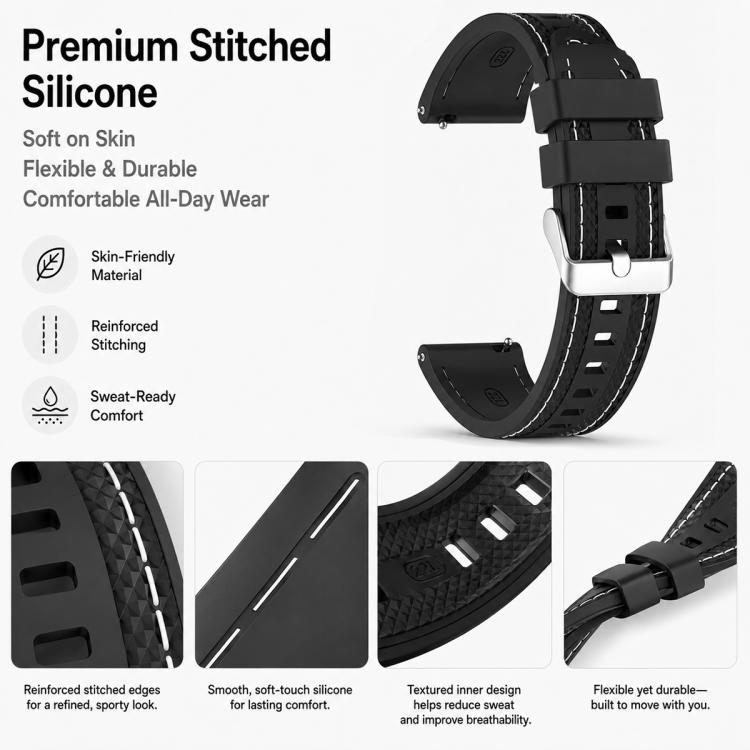 xDfind Stitching Silicone Sport Watch Band, 22mm