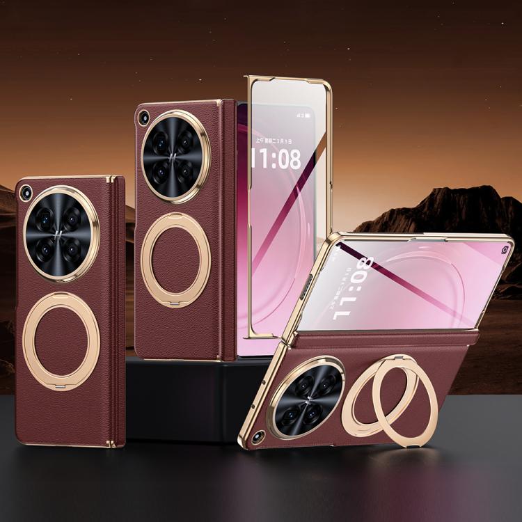Integrated Screen Protector Electroplated Genuine Leather Phone Case with Rotating Holder, For OPPO Find N6