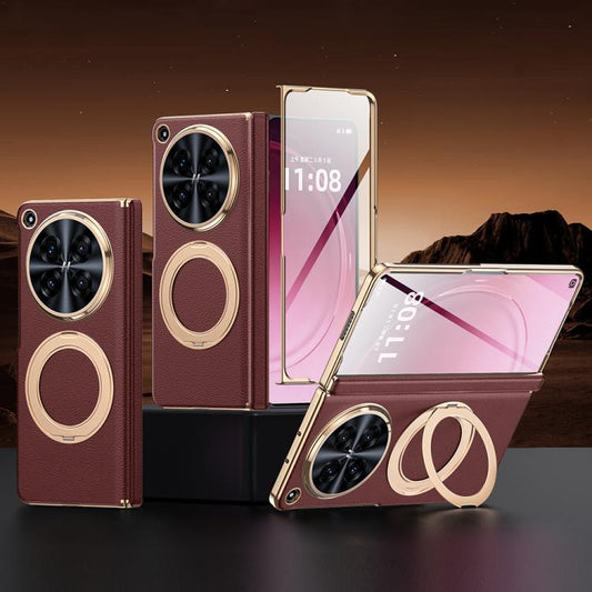 Integrated Screen Protector Electroplated Genuine Leather Phone Case with Rotating Holder, For OPPO Find N6