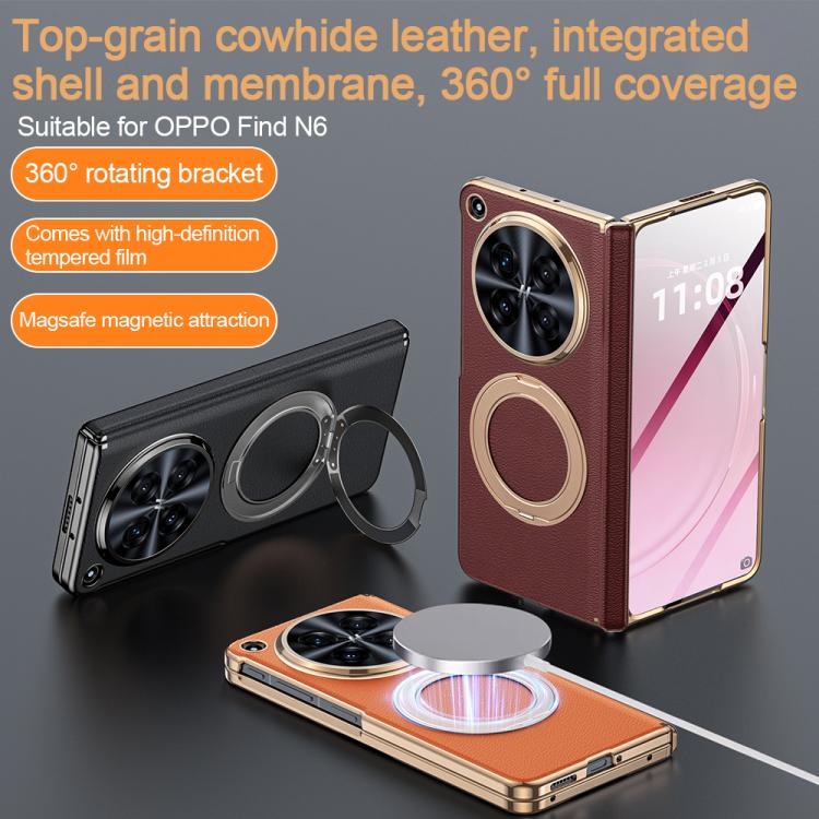 Integrated Screen Protector Electroplated Genuine Leather Phone Case with Rotating Holder, For OPPO Find N6