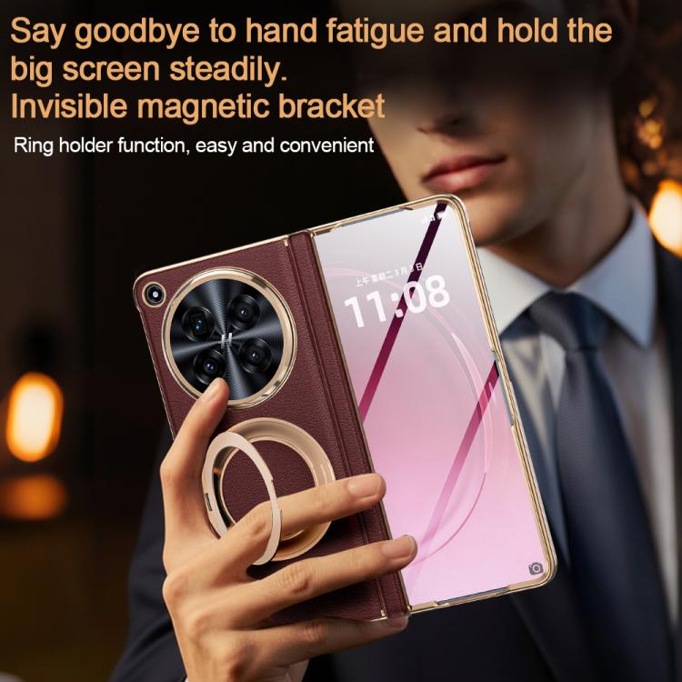 Integrated Screen Protector Electroplated Genuine Leather Phone Case with Rotating Holder, For OPPO Find N6