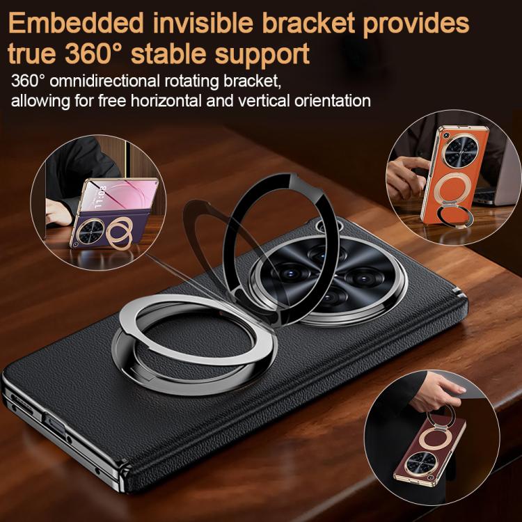 Integrated Screen Protector Electroplated Genuine Leather Phone Case with Rotating Holder, For OPPO Find N6