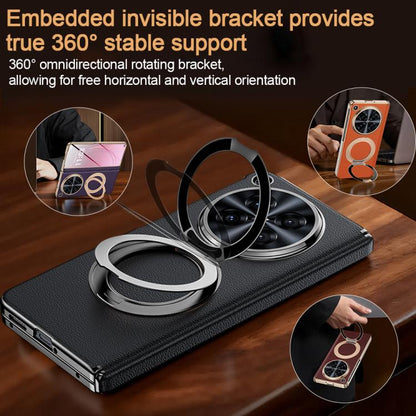 Integrated Screen Protector Electroplated Genuine Leather Phone Case with Rotating Holder, For OPPO Find N6