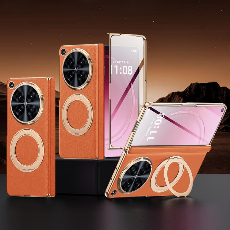 Integrated Screen Protector Electroplated Genuine Leather Phone Case with Rotating Holder, For OPPO Find N6