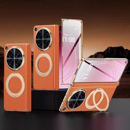 Integrated Screen Protector Electroplated Genuine Leather Phone Case with Rotating Holder, For OPPO Find N6