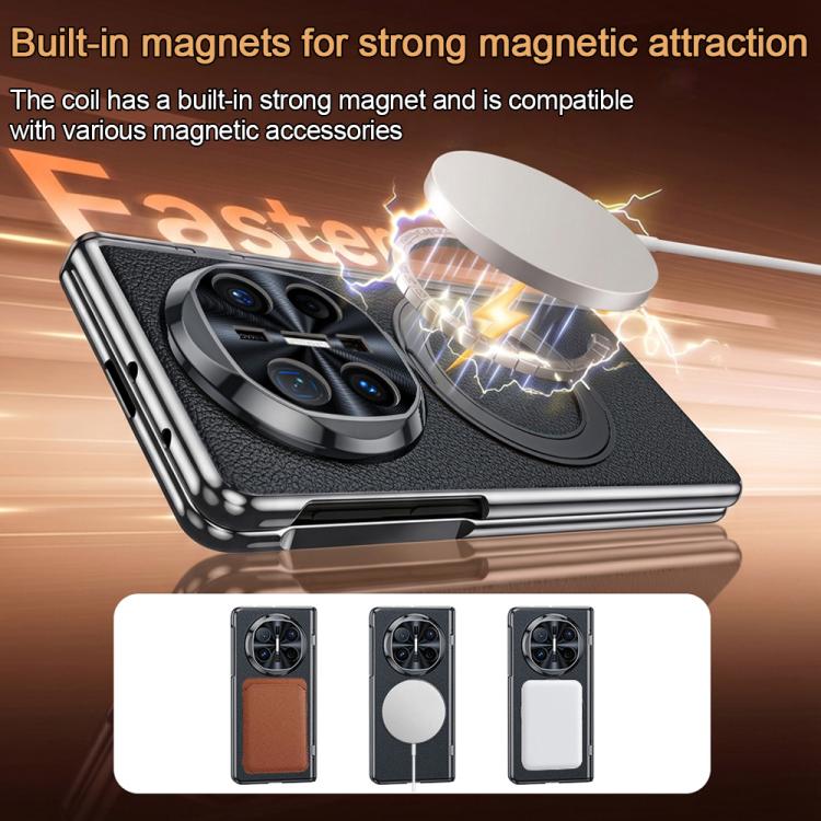Integrated Screen Protector Electroplated Vegan Leather Phone Case with Rotating Holder, For Huawei Mate X6, For Huawei Mate X5