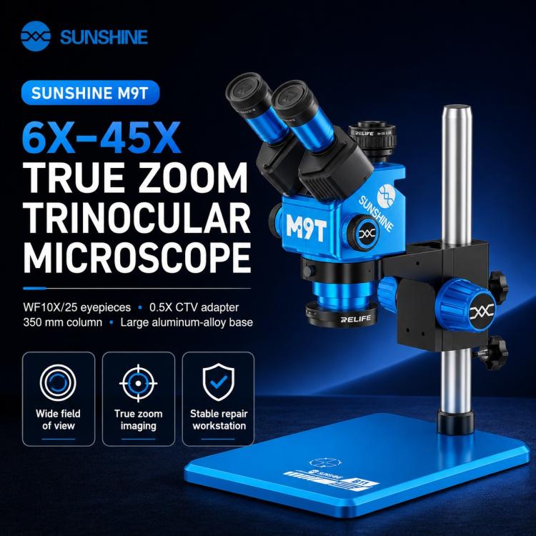SUNSHINE M9T-B11 6X-45X Continuous Zoom Trinocular HD Stereo Microscope, SUNSHINE M9T-B11