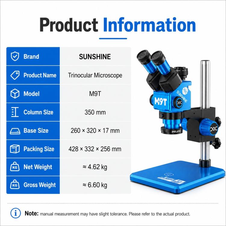 SUNSHINE M9T-B11 6X-45X Continuous Zoom Trinocular HD Stereo Microscope, SUNSHINE M9T-B11