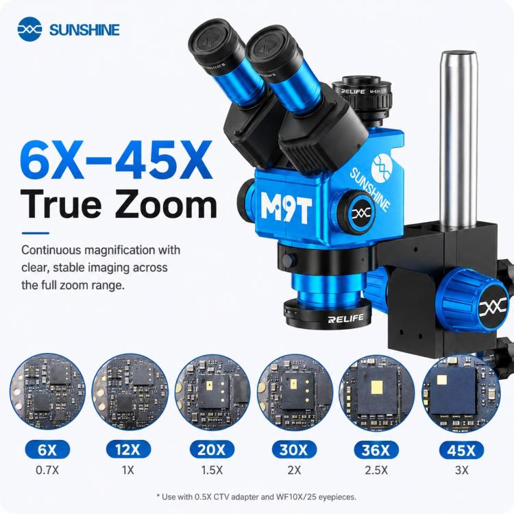 SUNSHINE M9T-B11 6X-45X Continuous Zoom Trinocular HD Stereo Microscope, SUNSHINE M9T-B11