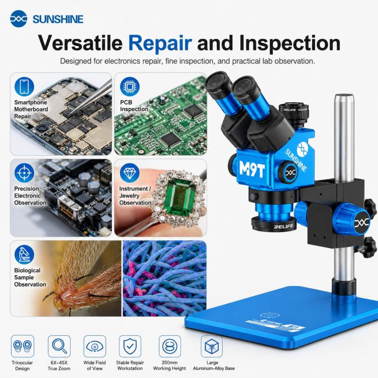 SUNSHINE M9T-B11 6X-45X Continuous Zoom Trinocular HD Stereo Microscope, SUNSHINE M9T-B11