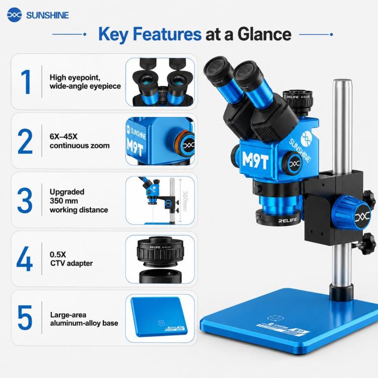 SUNSHINE M9T-B11 6X-45X Continuous Zoom Trinocular HD Stereo Microscope, SUNSHINE M9T-B11