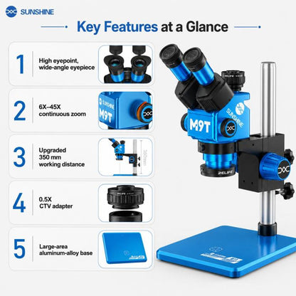 SUNSHINE M9T-B11 6X-45X Continuous Zoom Trinocular HD Stereo Microscope, SUNSHINE M9T-B11