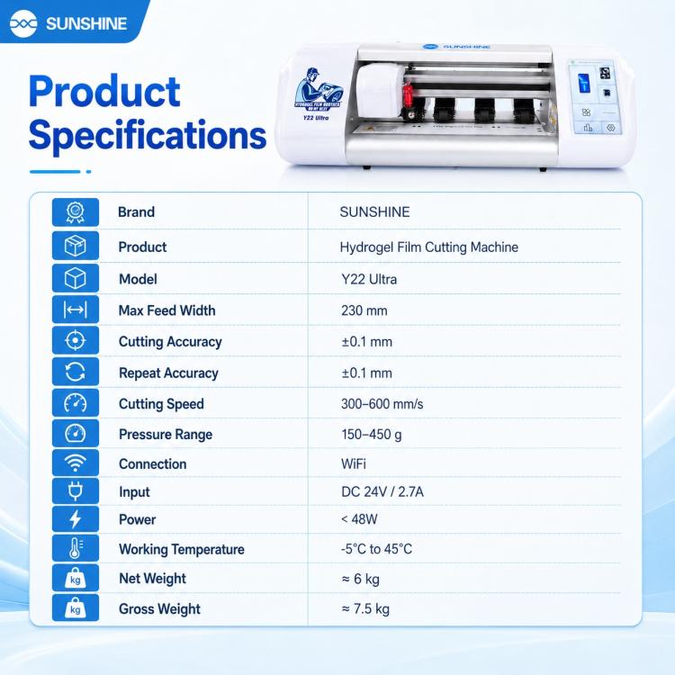 SUNSHINE Y22 Ultra Unlimited Hydrogel Phone Screen Protector Film Cutting Machine, AU Plug, EU Plug, UK Plug, US Plug