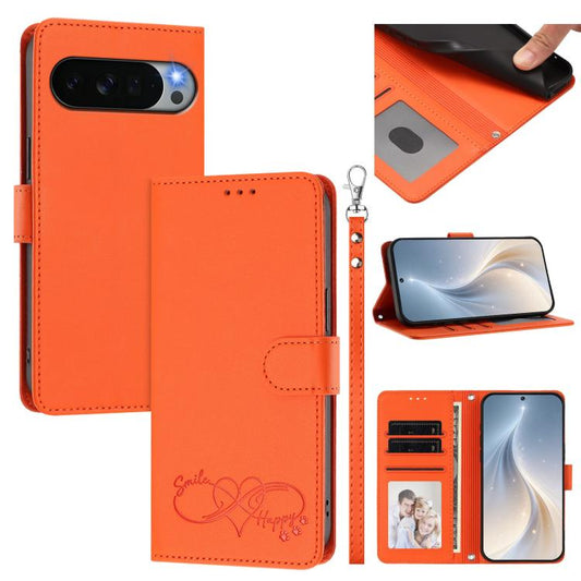 Happy Heart Pattern Magnetic Closure Vegan Leather Phone Case with Wrist Strap, For Google Pixel 11 Pro XL, For Google Pixel 11 / 11 Pro, For Google Pixel 10a, For Google Pixel 10 Pro XL / 9 Pro XL, For Google Pixel 10 / 10 Pro / 9 Pro