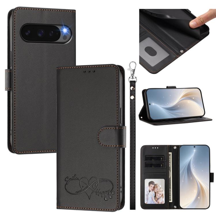 Happy Heart Pattern Magnetic Closure Vegan Leather Phone Case with Wrist Strap, For Google Pixel 11 Pro XL, For Google Pixel 11 / 11 Pro, For Google Pixel 10a, For Google Pixel 10 Pro XL / 9 Pro XL, For Google Pixel 10 / 10 Pro / 9 Pro                 ...