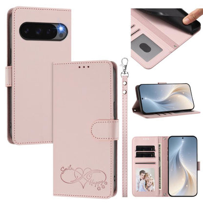 Happy Heart Pattern Magnetic Closure Vegan Leather Phone Case with Wrist Strap, For Google Pixel 11 Pro XL, For Google Pixel 11 / 11 Pro, For Google Pixel 10a, For Google Pixel 10 Pro XL / 9 Pro XL, For Google Pixel 10 / 10 Pro / 9 Pro                 ...
