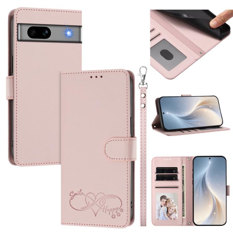 Happy Heart Pattern Magnetic Closure Vegan Leather Phone Case with Wrist Strap, For Google Pixel 7a, For Google Pixel 7 Pro 5G, For Google Pixel 7 5G, For Google Pixel 6a