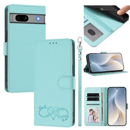 Happy Heart Pattern Magnetic Closure Vegan Leather Phone Case with Wrist Strap, For Google Pixel 7a, For Google Pixel 7 Pro 5G, For Google Pixel 7 5G, For Google Pixel 6a