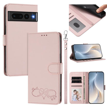 Happy Heart Pattern Magnetic Closure Vegan Leather Phone Case with Wrist Strap, For Google Pixel 7a, For Google Pixel 7 Pro 5G, For Google Pixel 7 5G, For Google Pixel 6a