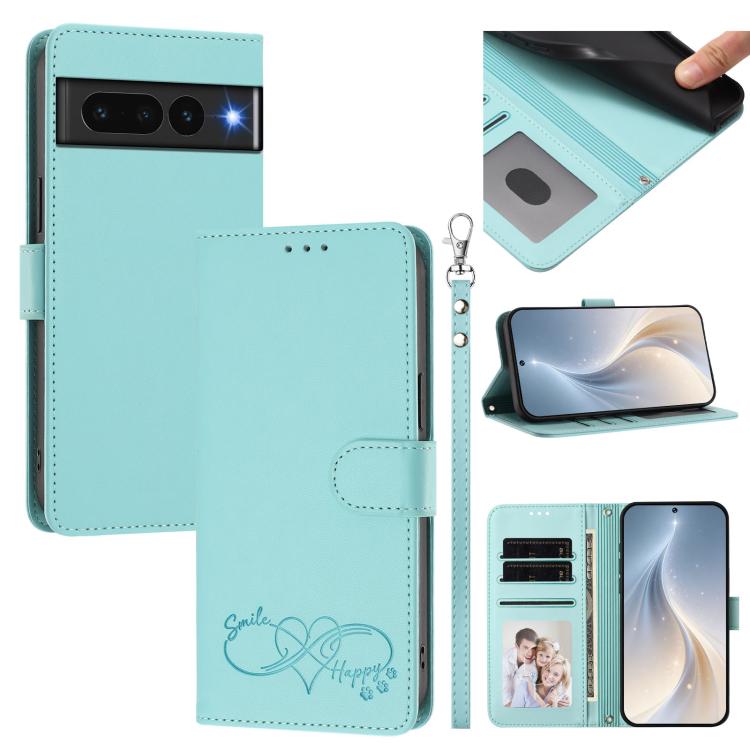 Happy Heart Pattern Magnetic Closure Vegan Leather Phone Case with Wrist Strap, For Google Pixel 7a, For Google Pixel 7 Pro 5G, For Google Pixel 7 5G, For Google Pixel 6a