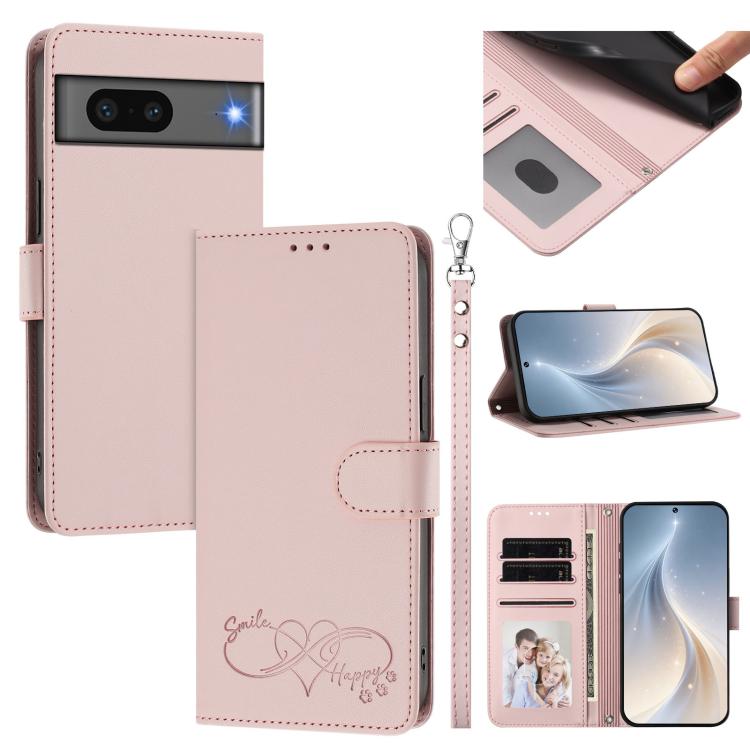 Happy Heart Pattern Magnetic Closure Vegan Leather Phone Case with Wrist Strap, For Google Pixel 7a, For Google Pixel 7 Pro 5G, For Google Pixel 7 5G, For Google Pixel 6a