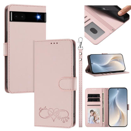 Happy Heart Pattern Magnetic Closure Vegan Leather Phone Case with Wrist Strap, For Google Pixel 7a, For Google Pixel 7 Pro 5G, For Google Pixel 7 5G, For Google Pixel 6a