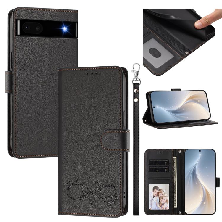 Happy Heart Pattern Magnetic Closure Vegan Leather Phone Case with Wrist Strap, For Google Pixel 7a, For Google Pixel 7 Pro 5G, For Google Pixel 7 5G, For Google Pixel 6a