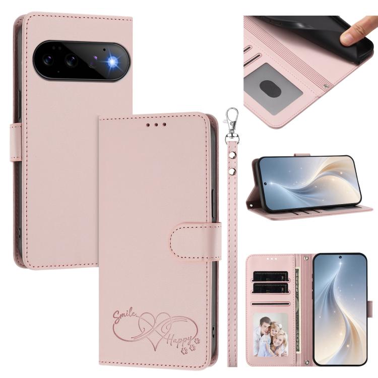 Happy Heart Pattern Magnetic Closure Vegan Leather Phone Case with Wrist Strap, For Google Pixel 11 Pro XL, For Google Pixel 11 / 11 Pro, For Google Pixel 10a, For Google Pixel 10 Pro XL / 9 Pro XL, For Google Pixel 10 / 10 Pro / 9 Pro                 ...