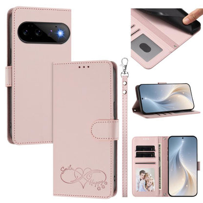 Happy Heart Pattern Magnetic Closure Vegan Leather Phone Case with Wrist Strap, For Google Pixel 11 Pro XL, For Google Pixel 11 / 11 Pro, For Google Pixel 10a, For Google Pixel 10 Pro XL / 9 Pro XL, For Google Pixel 10 / 10 Pro / 9 Pro                 ...