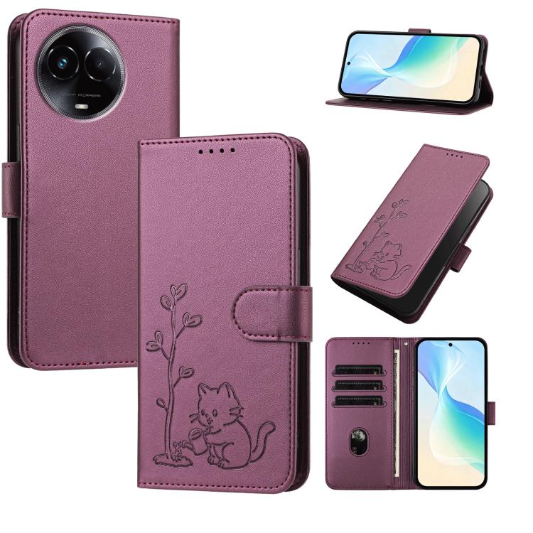 YX0014 Cat Watering Tree Buckle Vegan Leather Phone Case with Lanyard, For Realme 11 5G, For Realme C53, For Realme 11 Pro, For Realme C65, For Realme C55
