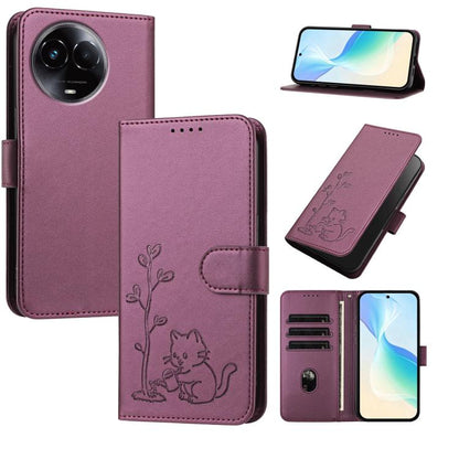 YX0014 Cat Watering Tree Buckle Vegan Leather Phone Case with Lanyard, For Realme 11 5G, For Realme C53, For Realme 11 Pro, For Realme C65, For Realme C55
