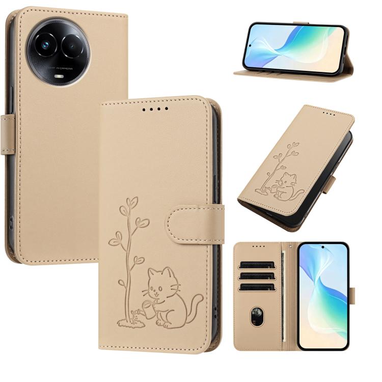 YX0014 Cat Watering Tree Buckle Vegan Leather Phone Case with Lanyard, For Realme 11 5G, For Realme C53, For Realme 11 Pro, For Realme C65, For Realme C55
