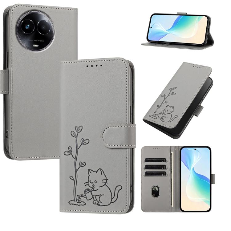 YX0014 Cat Watering Tree Buckle Vegan Leather Phone Case with Lanyard, For Realme 11 5G, For Realme C53, For Realme 11 Pro, For Realme C65, For Realme C55