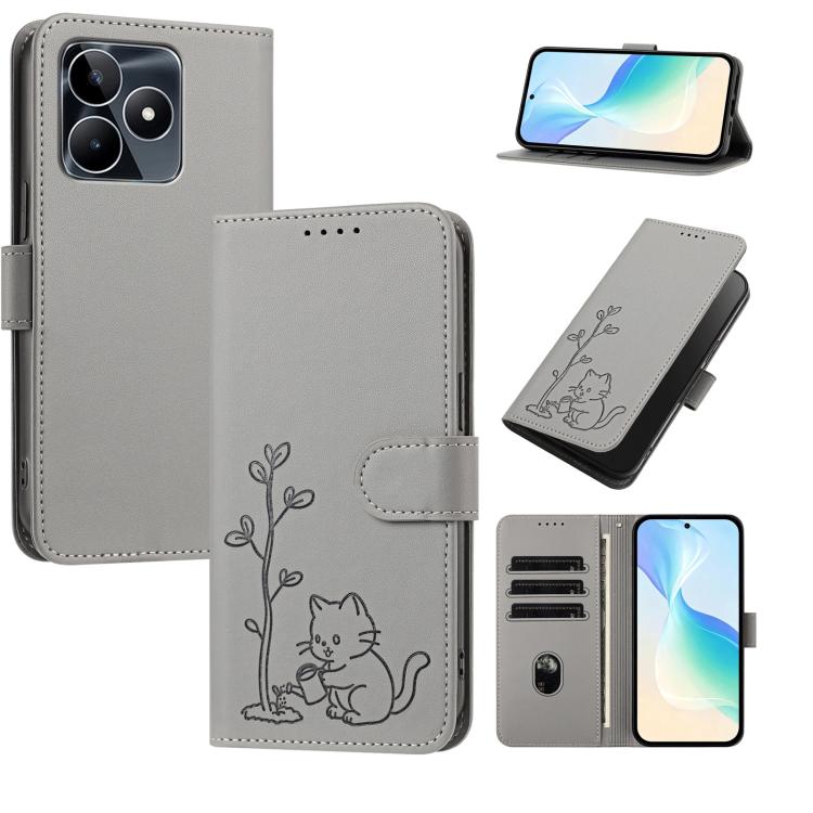 YX0014 Cat Watering Tree Buckle Vegan Leather Phone Case with Lanyard, For Realme 11 5G, For Realme C53, For Realme 11 Pro, For Realme C65, For Realme C55