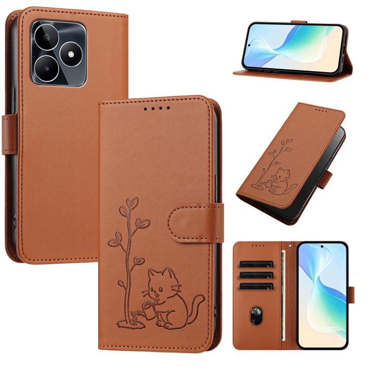 YX0014 Cat Watering Tree Buckle Vegan Leather Phone Case with Lanyard, For Realme 11 5G, For Realme C53, For Realme 11 Pro, For Realme C65, For Realme C55