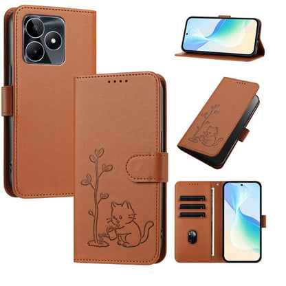 YX0014 Cat Watering Tree Buckle Vegan Leather Phone Case with Lanyard, For Realme 11 5G, For Realme C53, For Realme 11 Pro, For Realme C65, For Realme C55