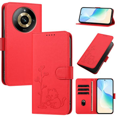 YX0014 Cat Watering Tree Buckle Vegan Leather Phone Case with Lanyard, For Realme 11 Pro, For Realme C65, For Realme C55