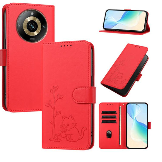 YX0014 Cat Watering Tree Buckle Vegan Leather Phone Case with Lanyard, For Realme 11 Pro, For Realme C65, For Realme C55