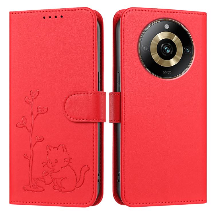 YX0014 Cat Watering Tree Buckle Vegan Leather Phone Case with Lanyard, For Realme 11 Pro, For Realme C65, For Realme C55