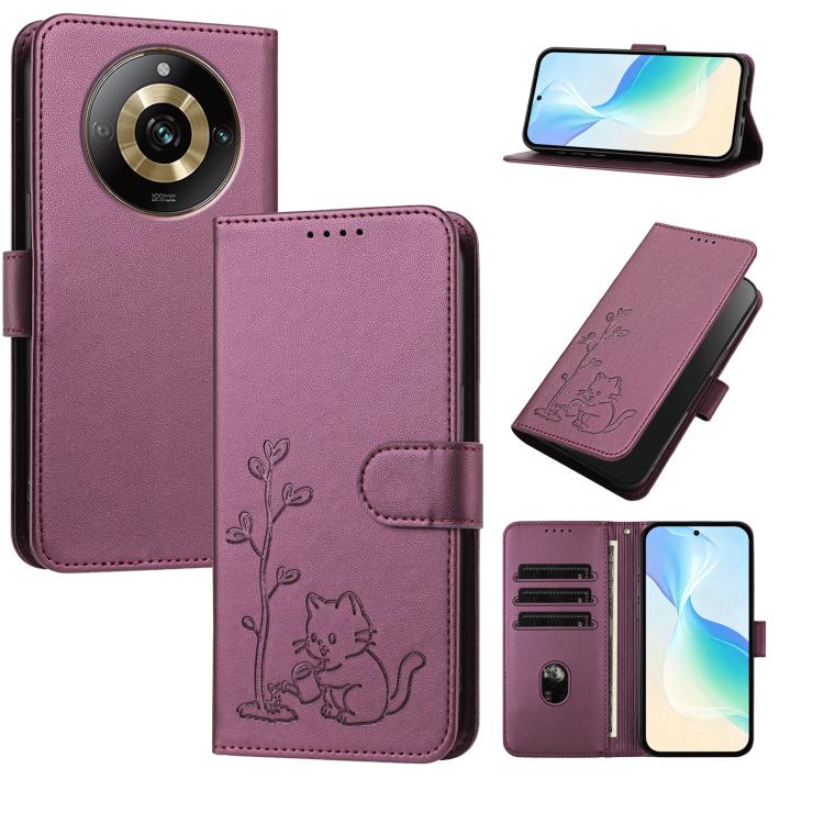 YX0014 Cat Watering Tree Buckle Vegan Leather Phone Case with Lanyard, For Realme 11 Pro, For Realme C65, For Realme C55
