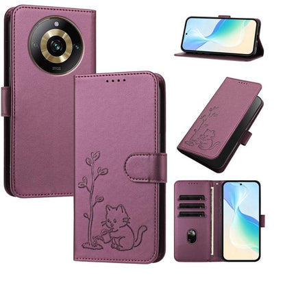 YX0014 Cat Watering Tree Buckle Vegan Leather Phone Case with Lanyard, For Realme 11 Pro, For Realme C65, For Realme C55